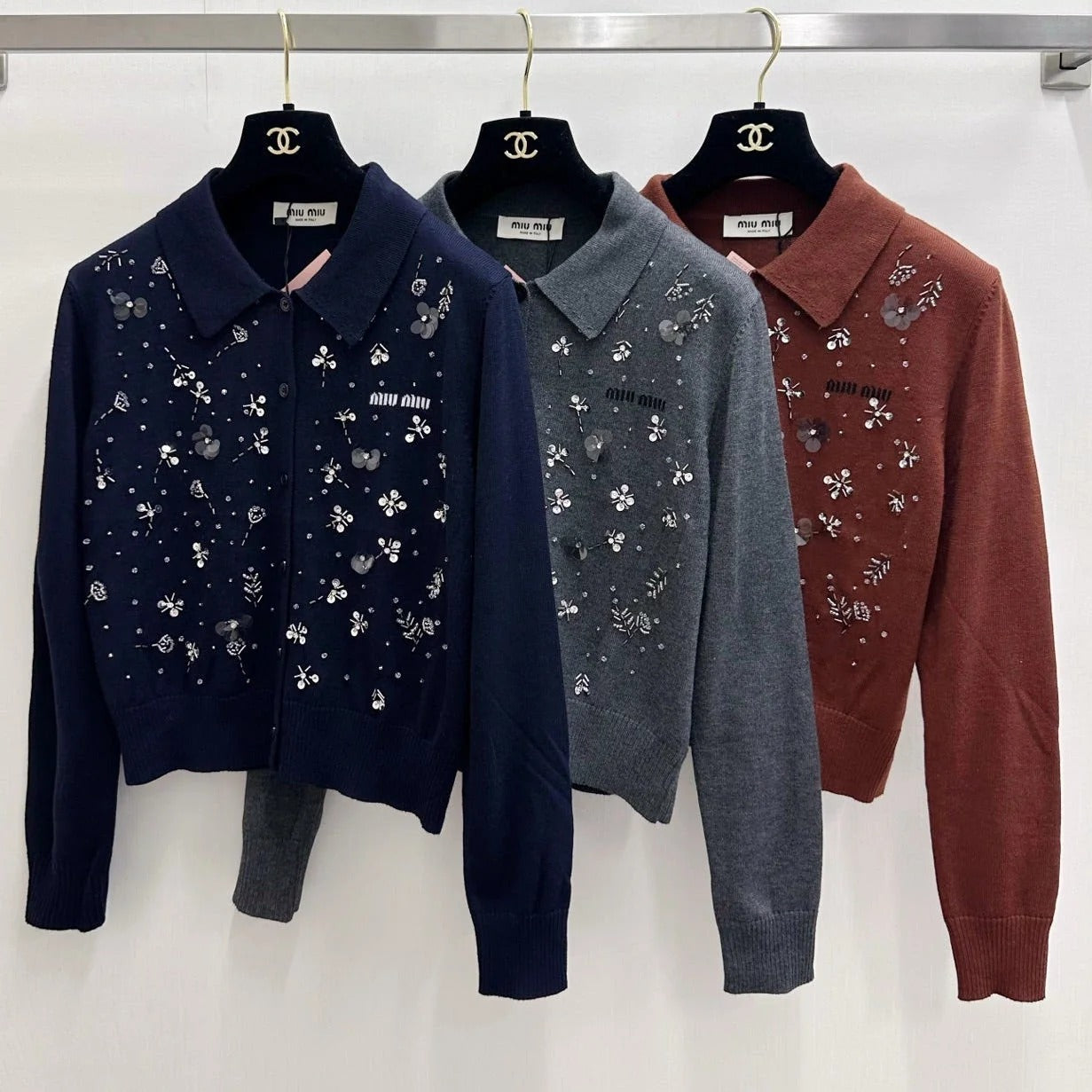 Miumiu 2026 Heavy Sequined Cardigan with Logo Pattern Embellishment Wool 838810