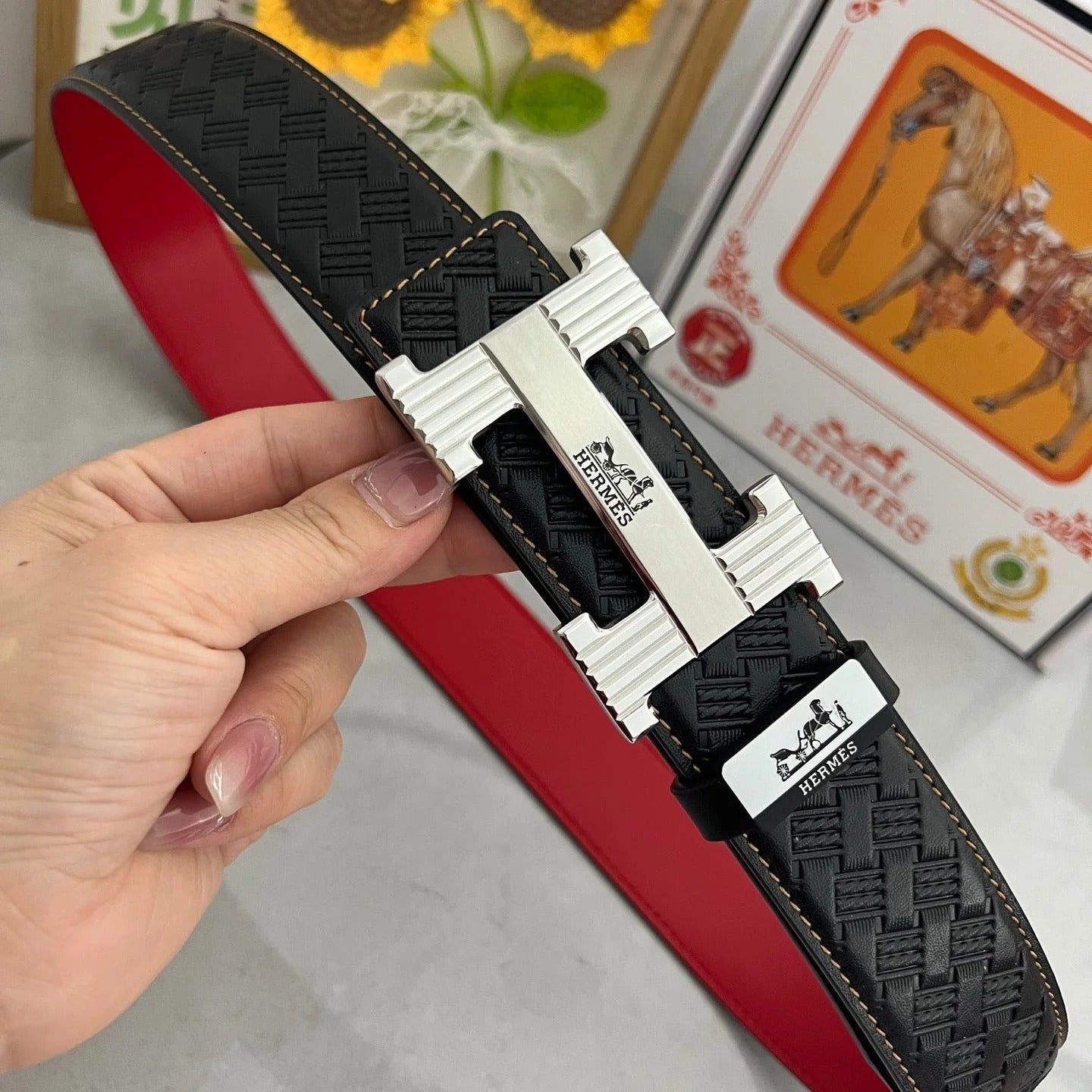 HM Belt 38mm Black Red Cowhide Leather Sliver Buckle 618970