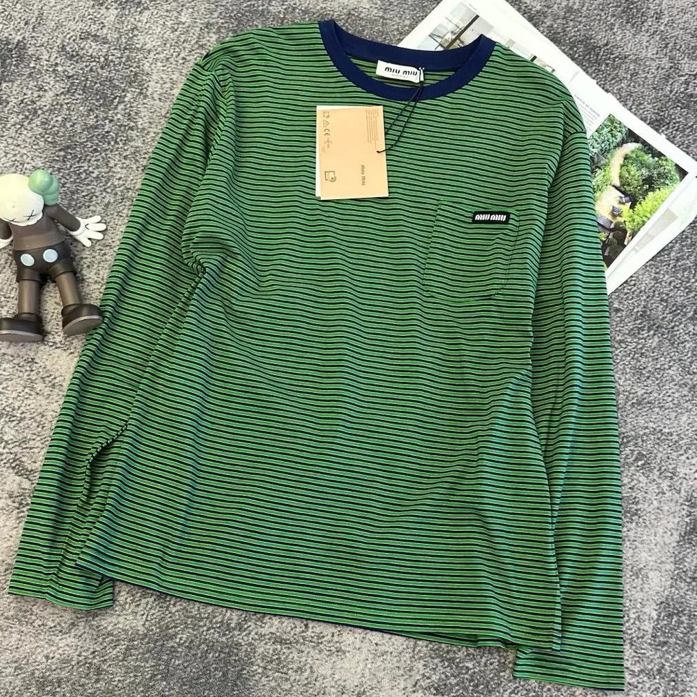 Miumiu 2026 Striped Long-sleeved Shirt Green Mix Blue Cotton 420187
