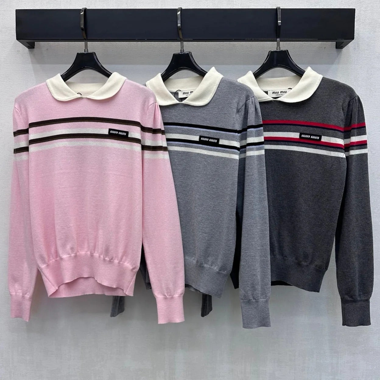 Miumiu 2026 Striped Long-Sleeve Knit Top with Peter Pan Collar Wool 418720