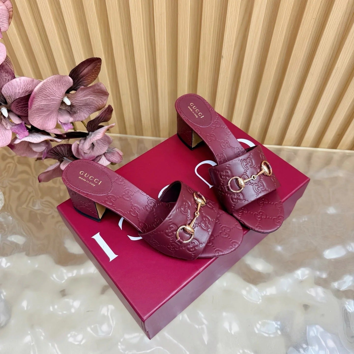 GG 26ss Chunky Heel Sandals 55 Cowhide Double G Embossed