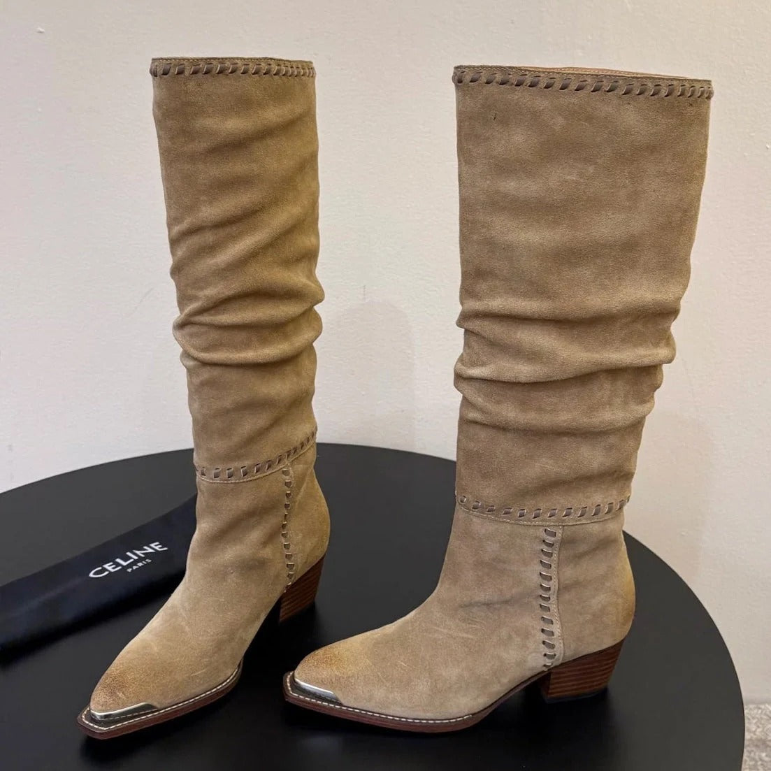Celine 2026 Western Metallic Toe Ankle Boots 50mm Suede Leather 104866