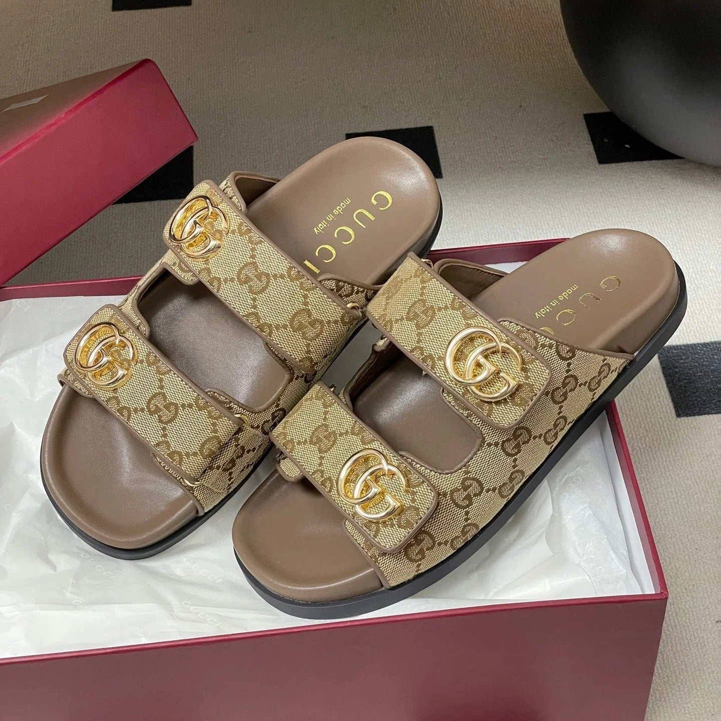 GG 26ss Platform Slippers Monogram Canvas Sheepskin