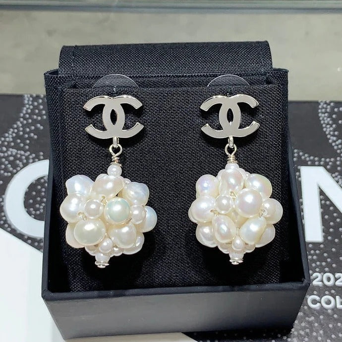 Chanel 2026 Silver Double C Pearl Flower Earrings