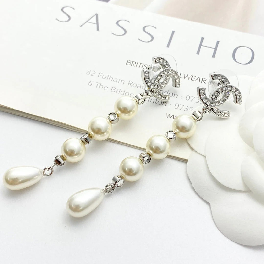 CC Silver Rhinestone Double C Tassel Pearl Earrings