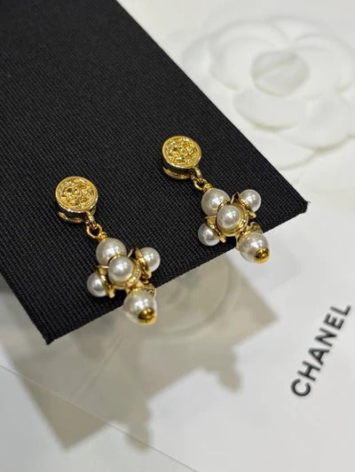 Chanel 2026 Silver Double C Pearl Flower Earrings