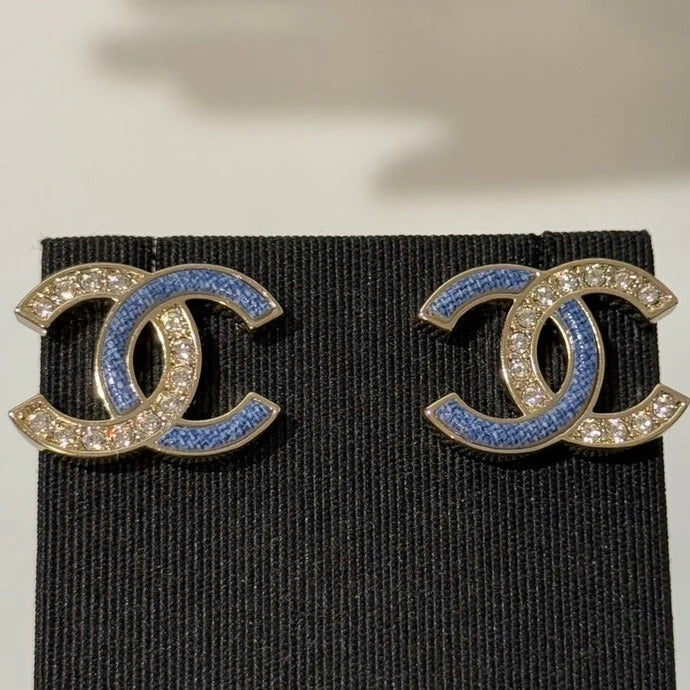Chanel 2026 Light Gold Denim Patchwork Crystal Double C Stud Earrings