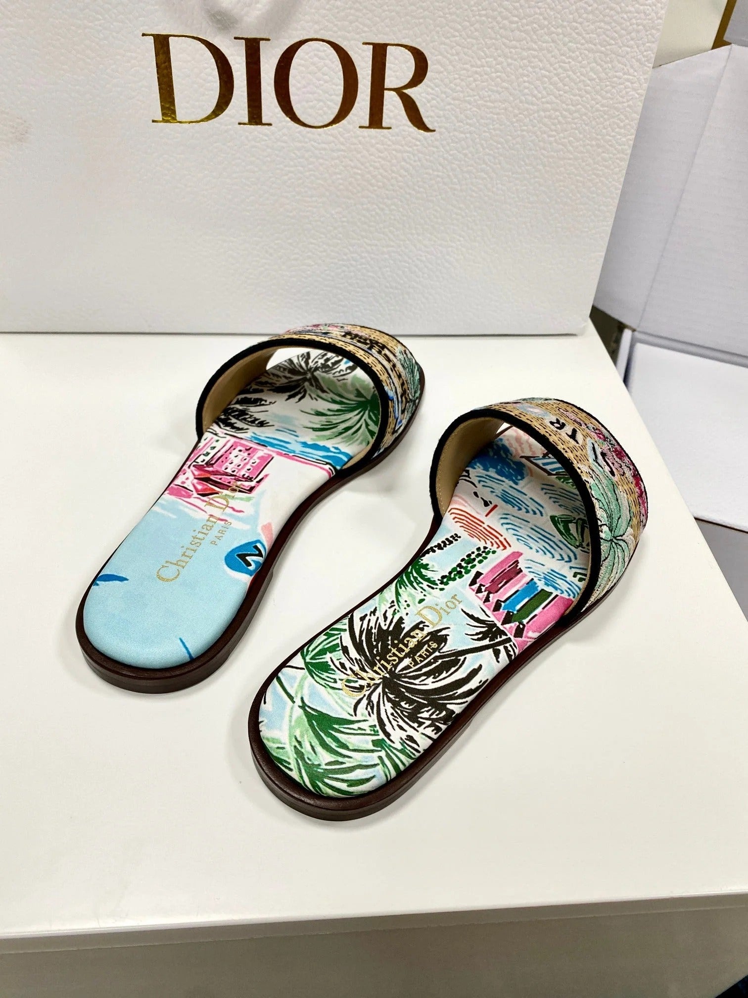 CD 26s Embroidered Sandals Blue Multicolor Canvas Leather 683006