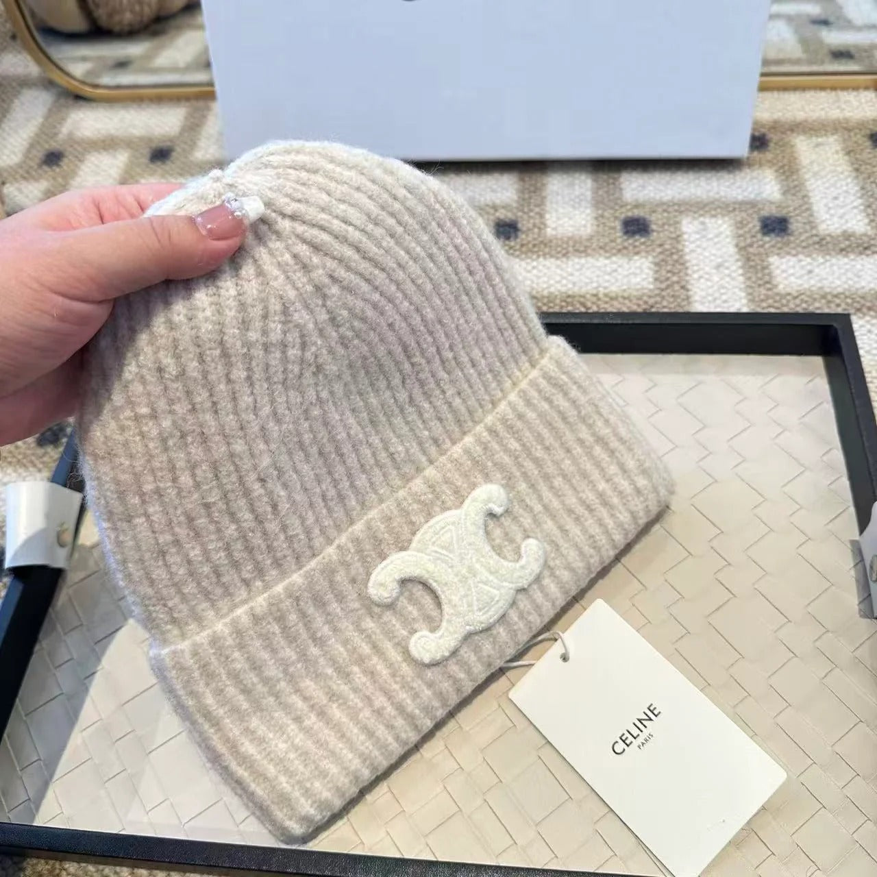 Celine Embroidered Triomphe Hat Beige mix White Wool Cashmere