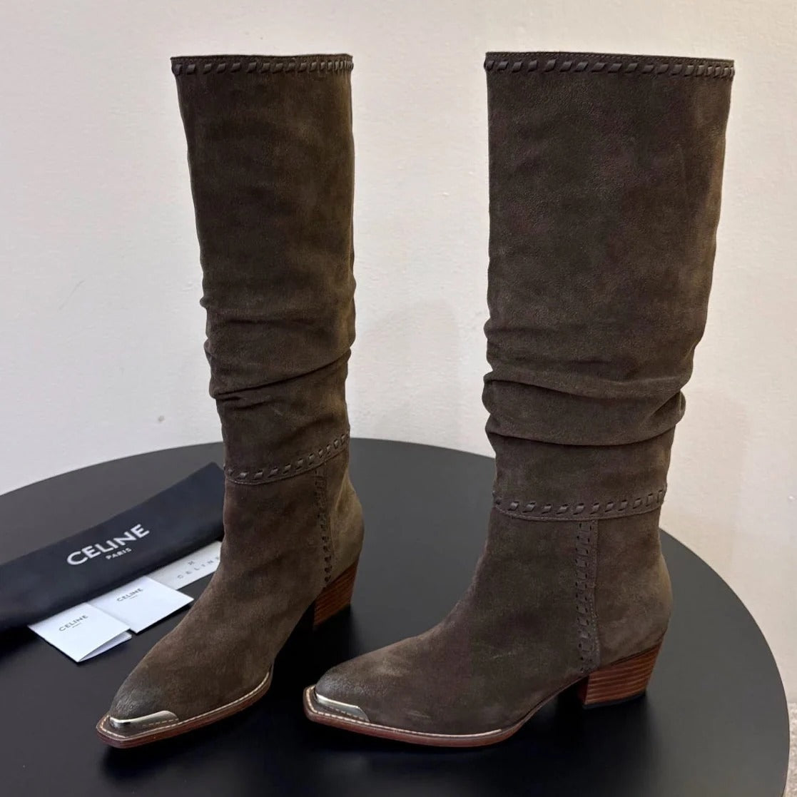 Celine 2026 Western Metallic Toe Ankle Boots 50mm Suede Leather 104866