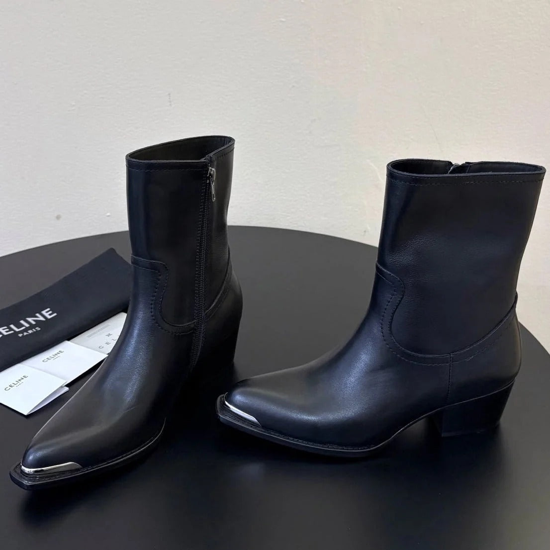 Celine 2026 Western Metallic Toe Ankle Boots 50mm Suede Leather 104866