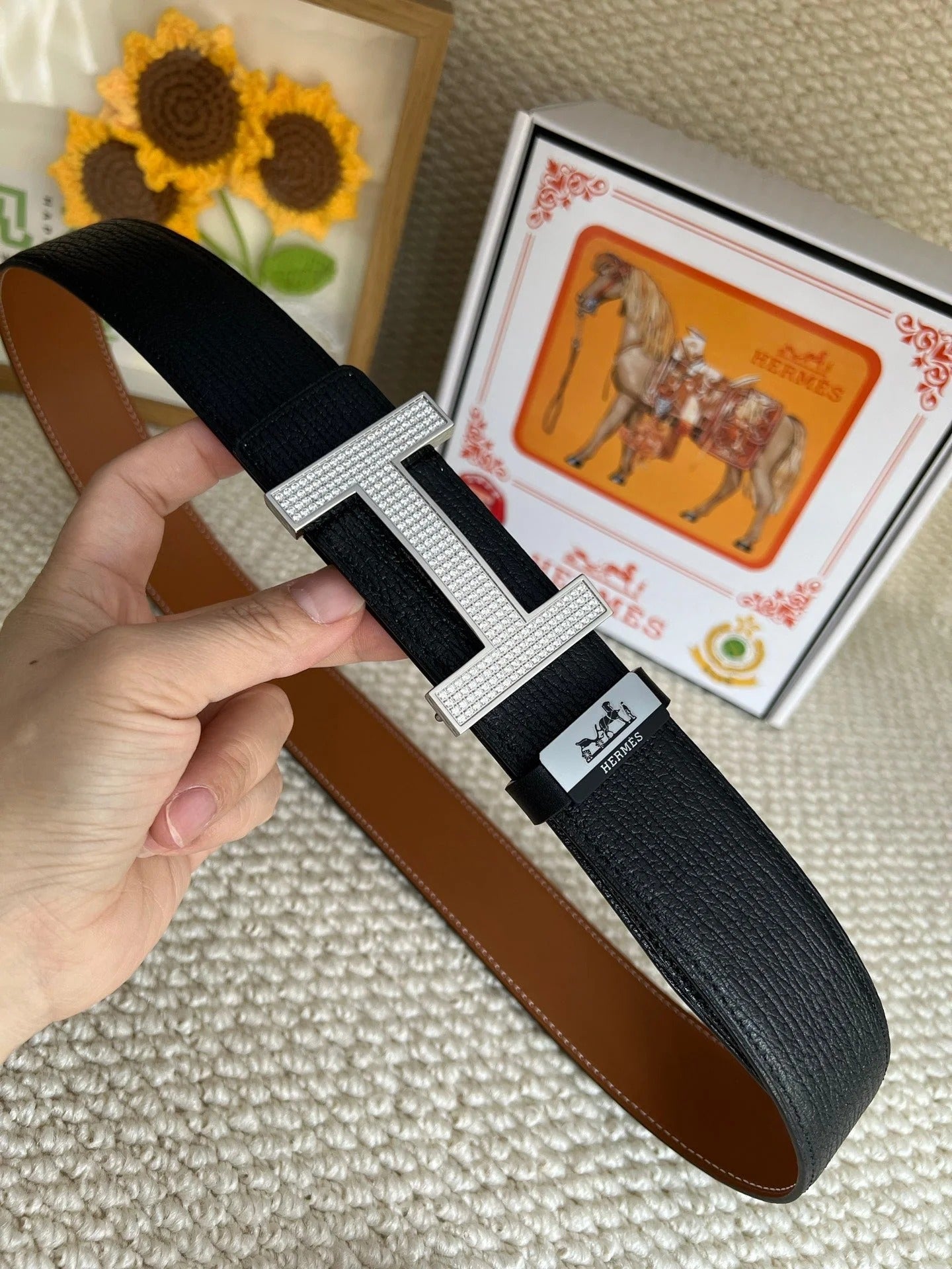 HM Belt 38mm Black Brown Cowhide Sliver Diamond Buckle 618967