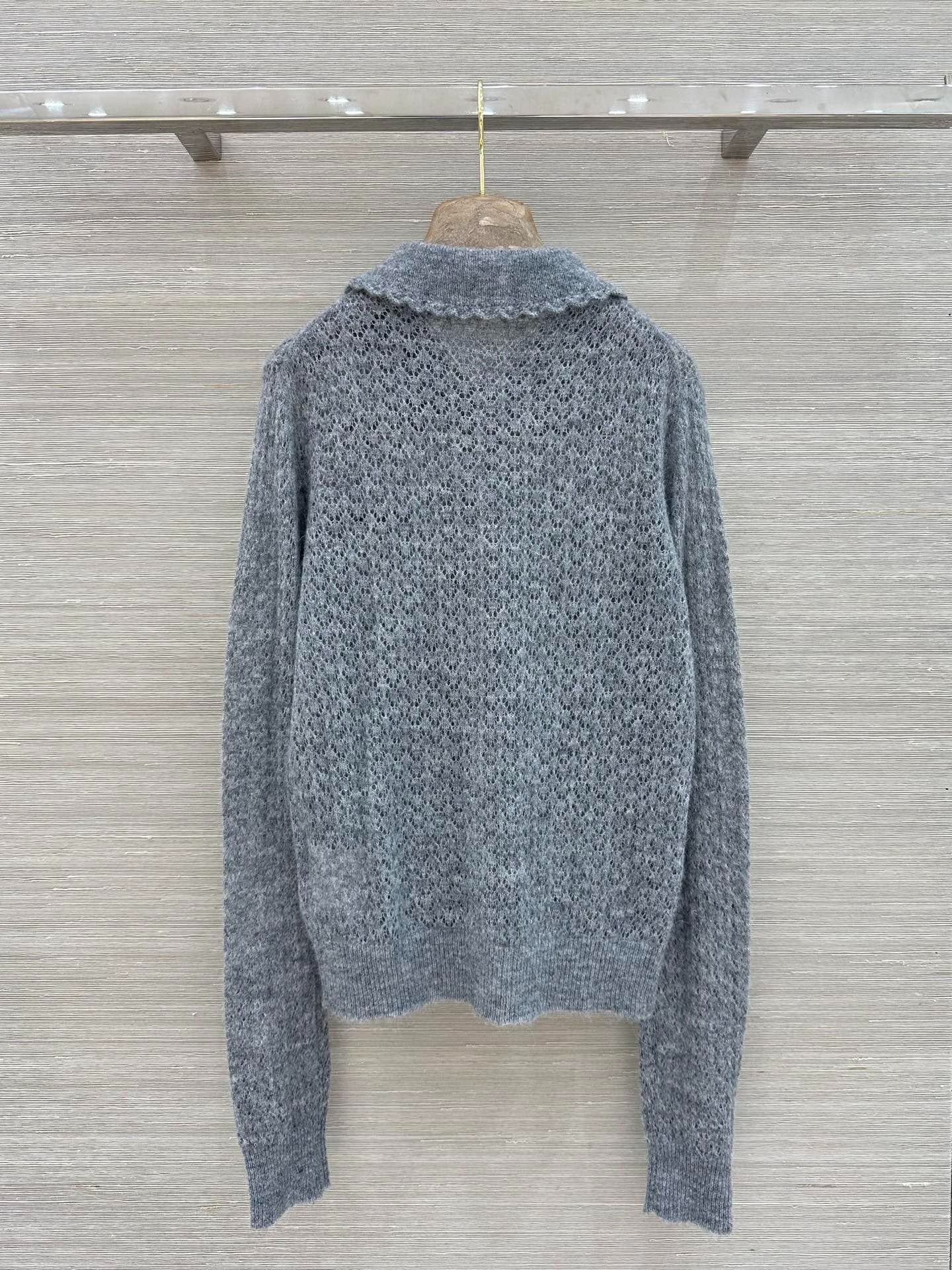 Miumiu 2026 Lace-trimmed Collared Knit Cardigan Grey Wool 837496