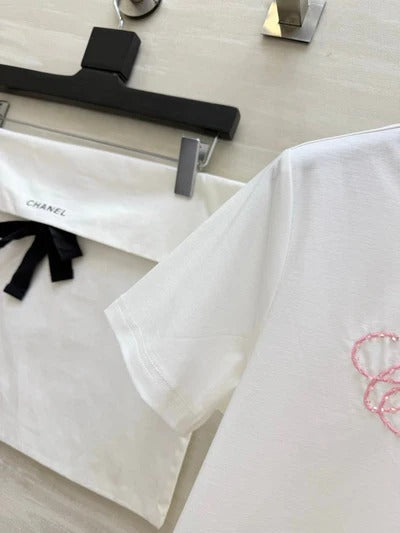 Chanel 2026 Pink and White Embroidered Chanel-Style T-Shirt Cotton 377543
