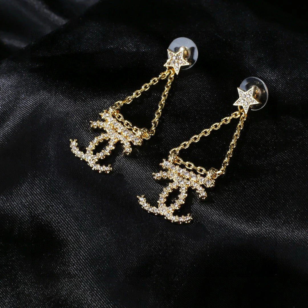 CC Pendant Double C Star Diamond Gold Earrings