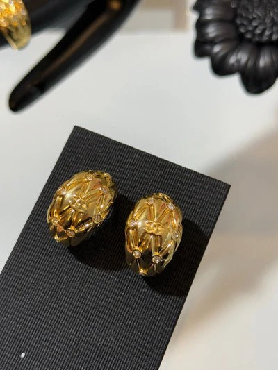 Chanel 2026 Gold Quilted Crystal Diamond Half-Hoop Earrings