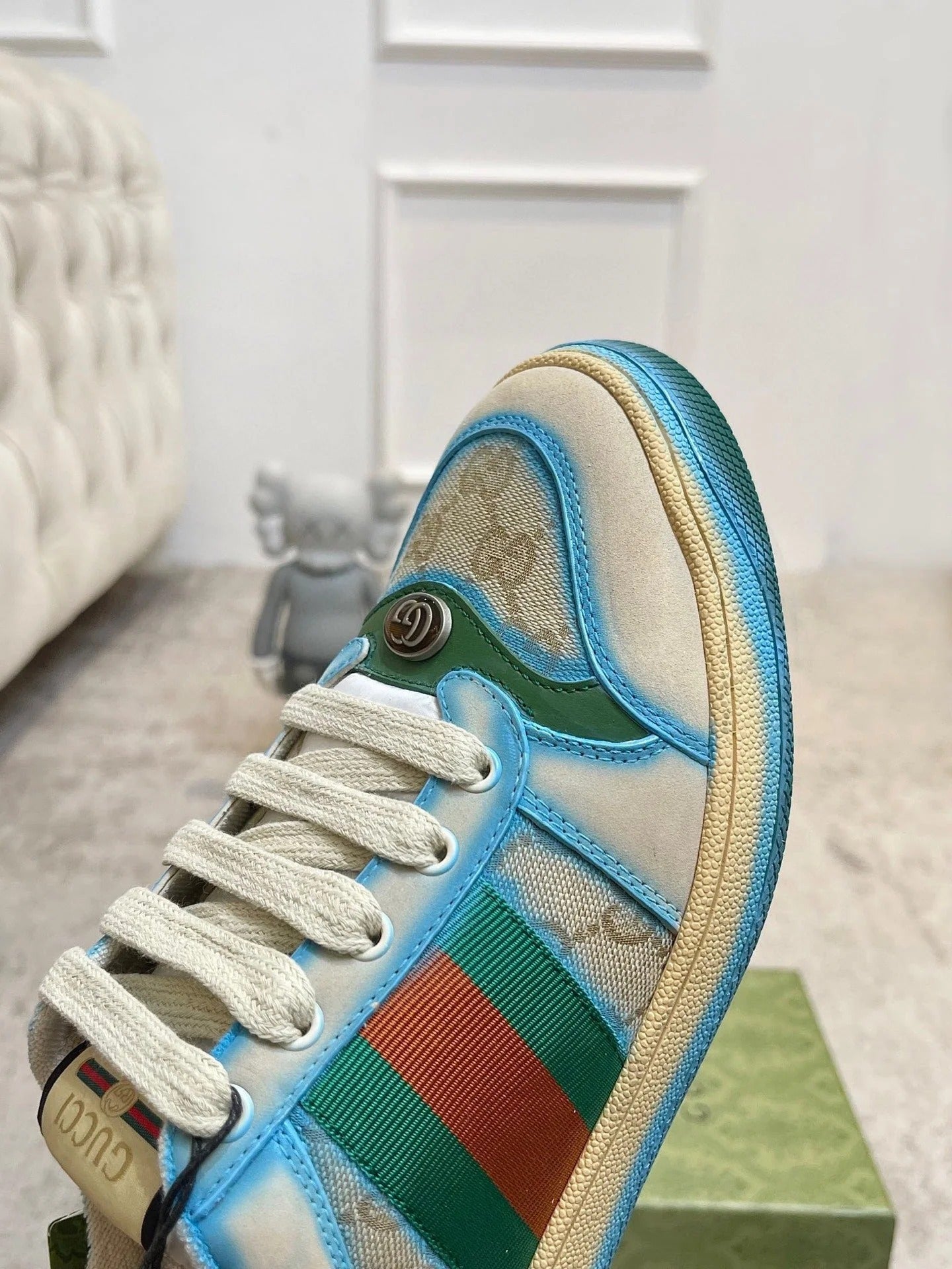GG 26ss Screener Sneaker Beige Blue Green Cowhide 697181