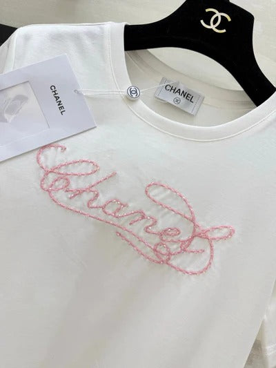 Chanel 2026 Pink and White Embroidered Chanel-Style T-Shirt Cotton 377543