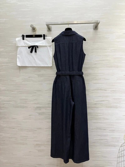 Chanel 2026 Clingy Sleeveless Denim Jumpsuit Blue Cotton 377394