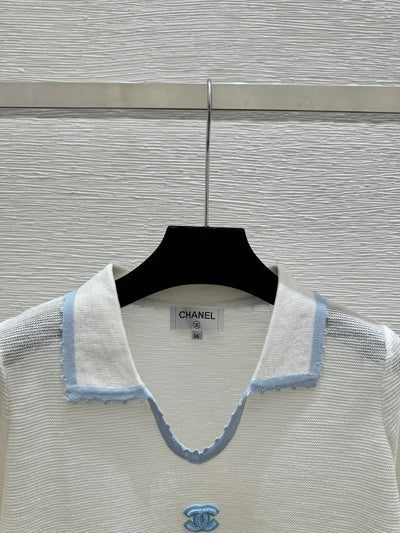 Chanel 2026 Collared Knit Short-sleeved Top Brown White Wool Cashmere 327316