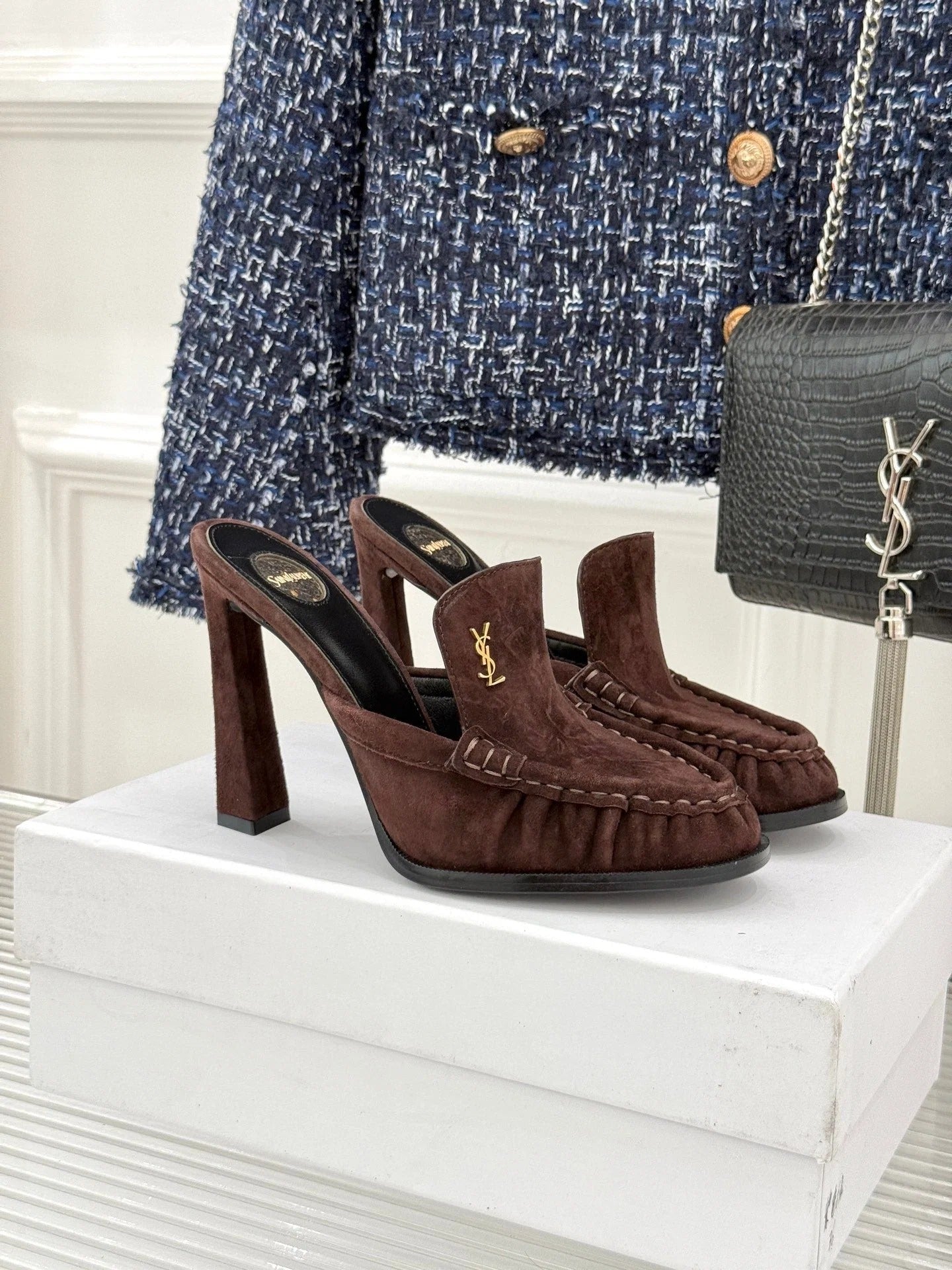 YSL 2026 Le Loafer Cassandre Mule 105mm Suede Leather 642949