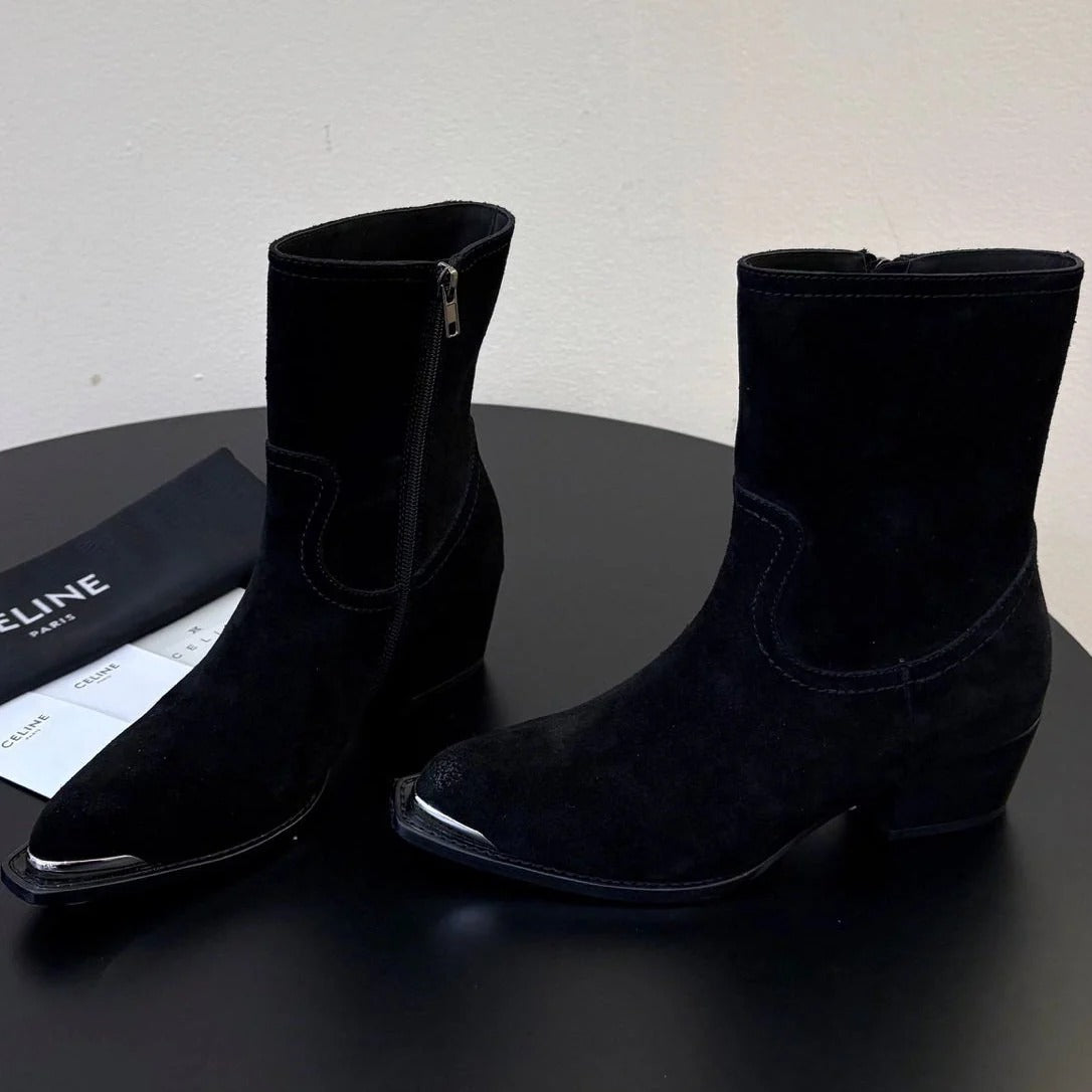 Celine 2026 Western Metallic Toe Ankle Boots 50mm Suede Leather 104866