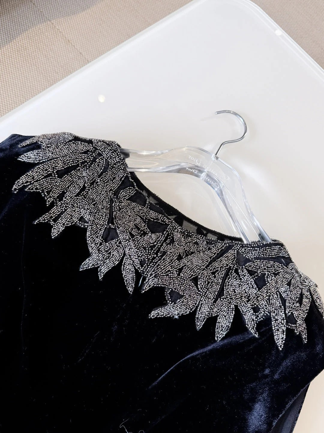 DIOR 25S EMBELLISHED-NECK BLACK VELVET DRESS 722