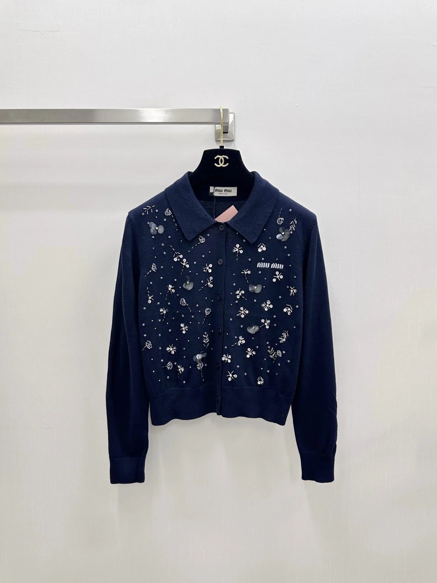 Miumiu 2026 Heavy Sequined Cardigan with Logo Pattern Embellishment Wool 838810