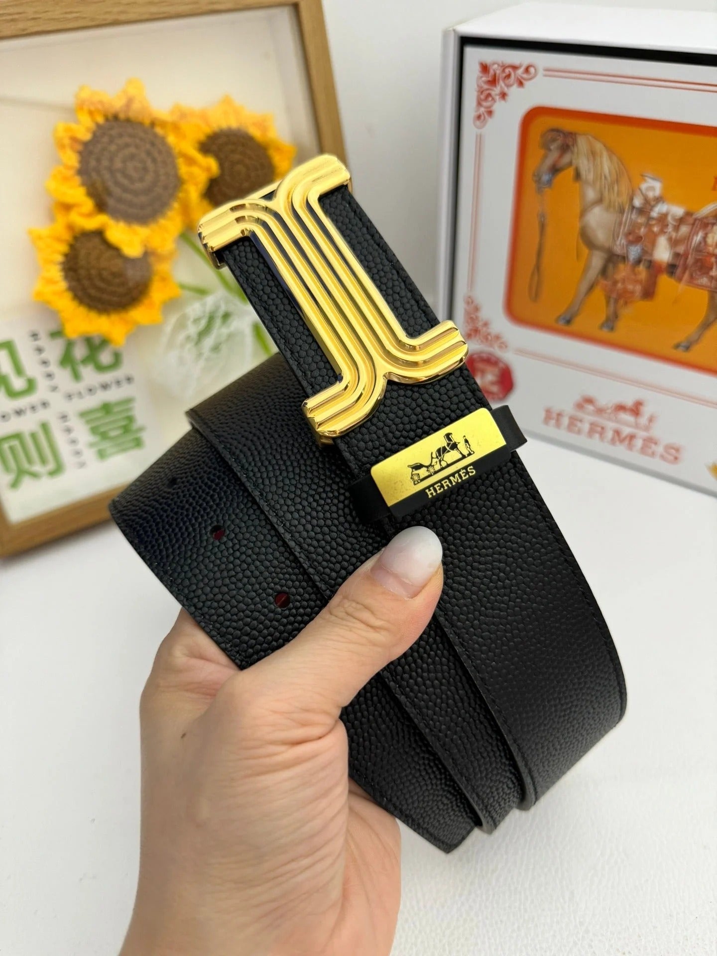 HM Belt 38mm Black Red Cowhide Leather Gold Buckle 619014