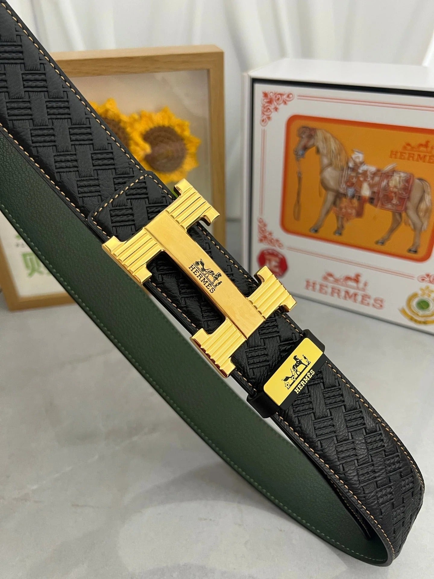 HM Belt 38mm Black Cowhide Leather Gold Buckle 618971