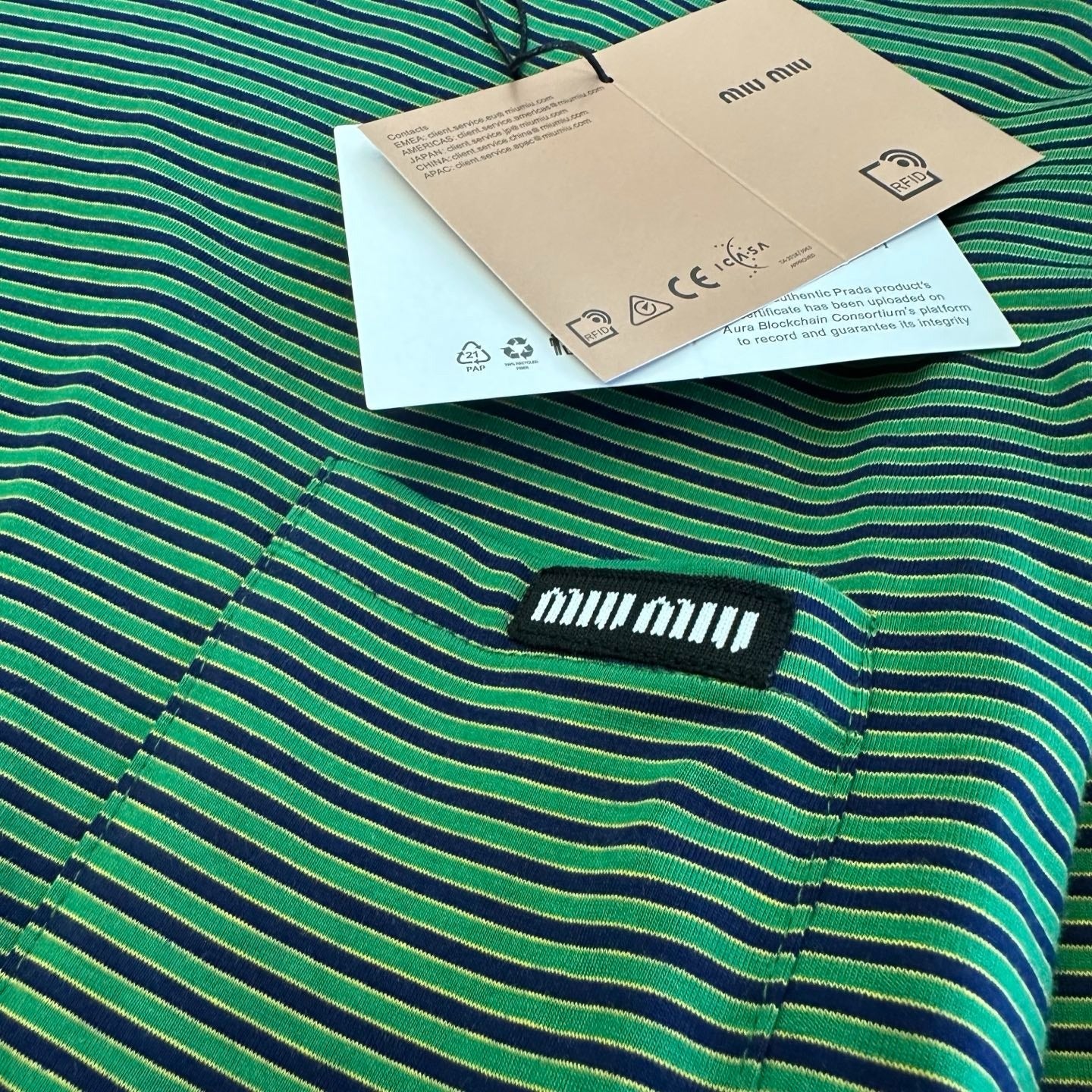 Miumiu 2026 Striped Long-sleeved Shirt Green Mix Blue Cotton 420187