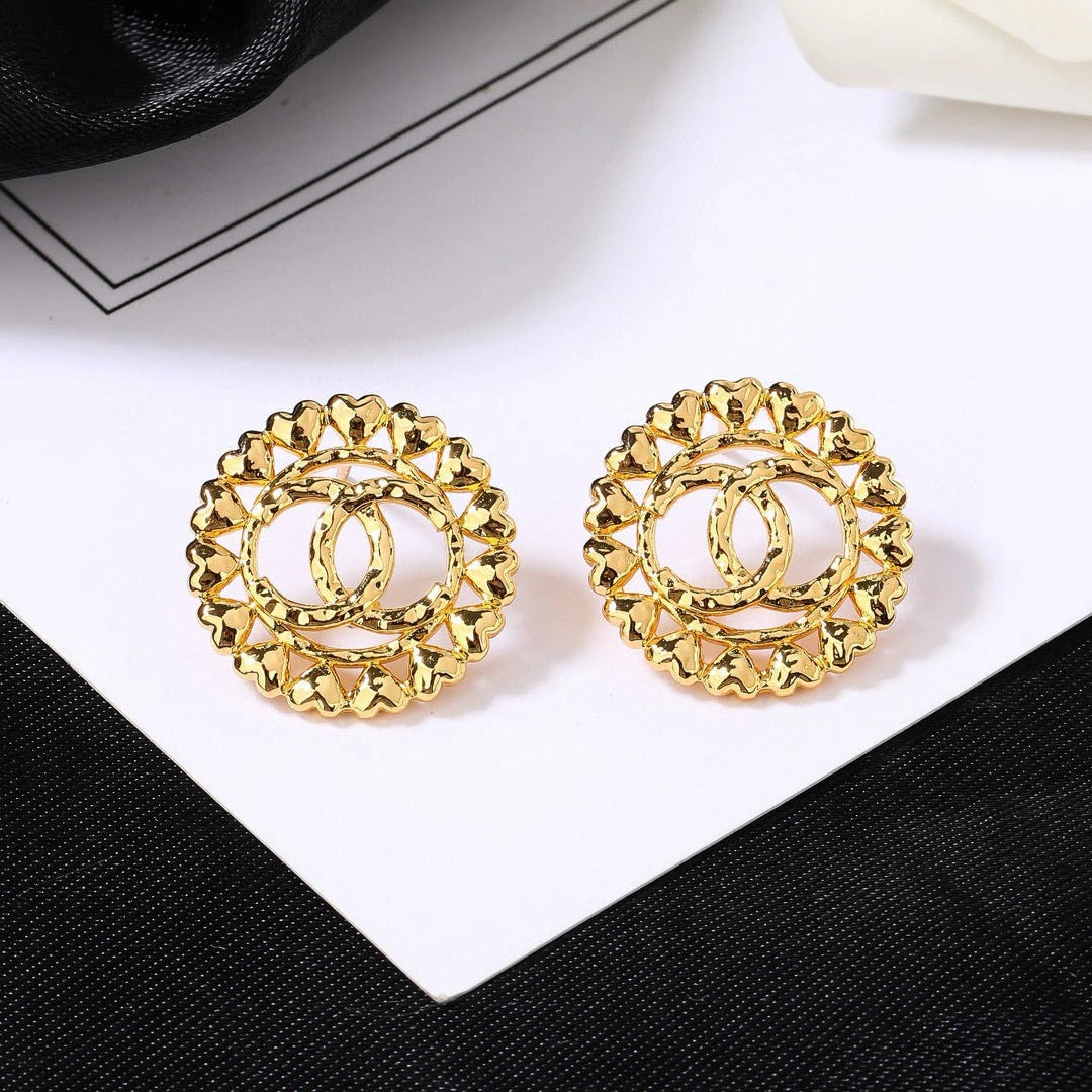 CC Metal Heart Double C Gold Earrings