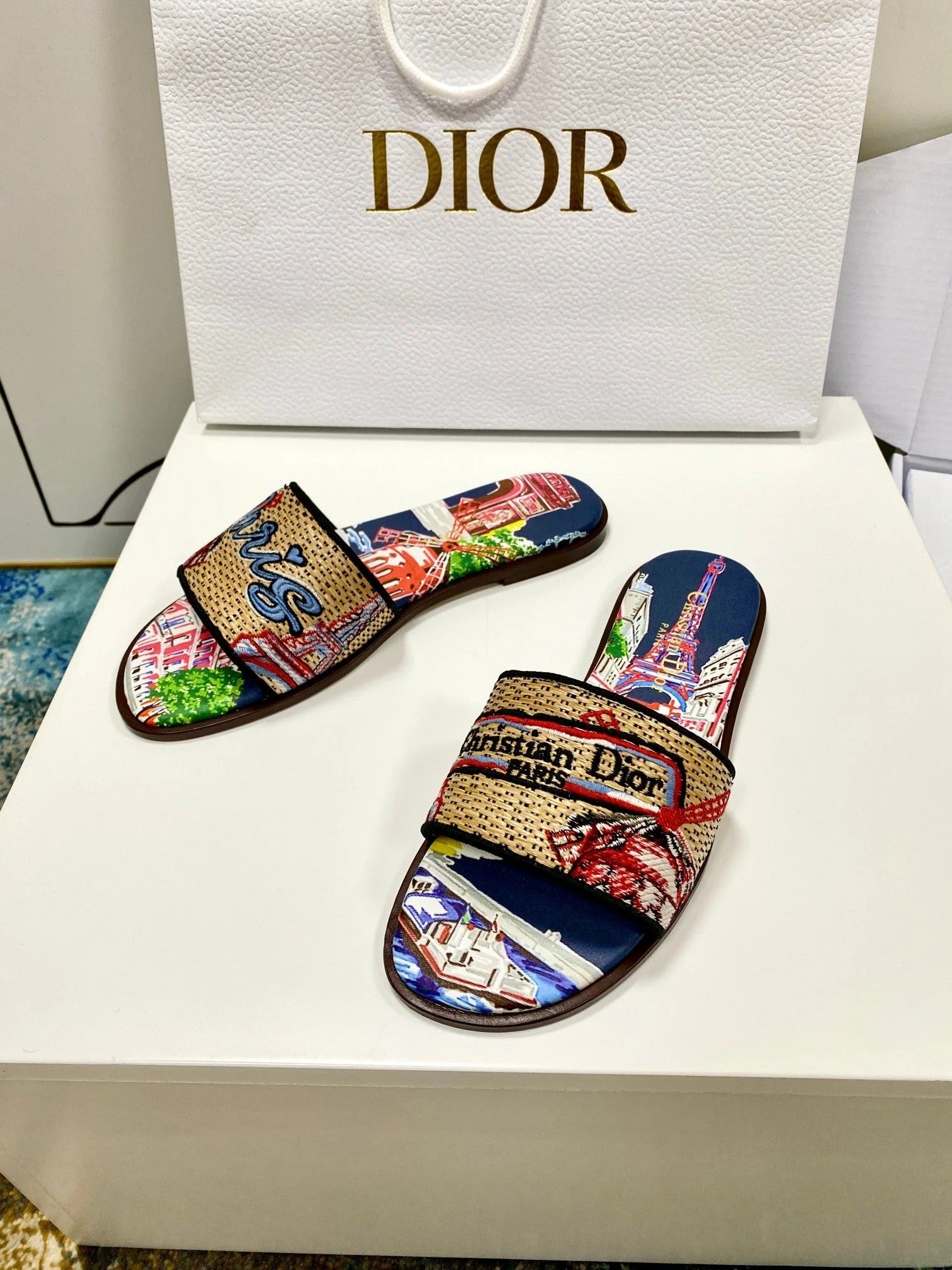 CD 26s Embroidered Sandals Beige Multicolor Canvas Leather 683009