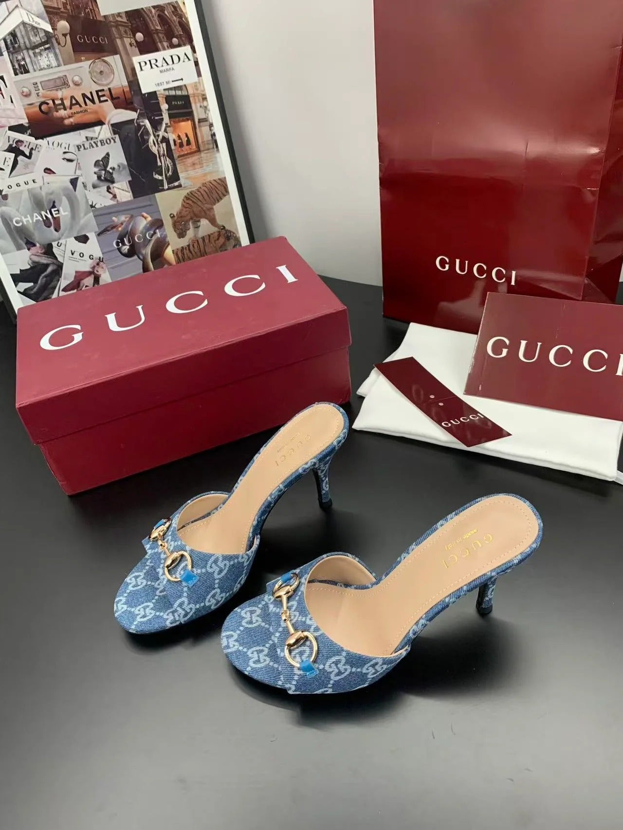 Gucci 2026 Erin Horsebit GG Sandal Blue Gold Denim Leather