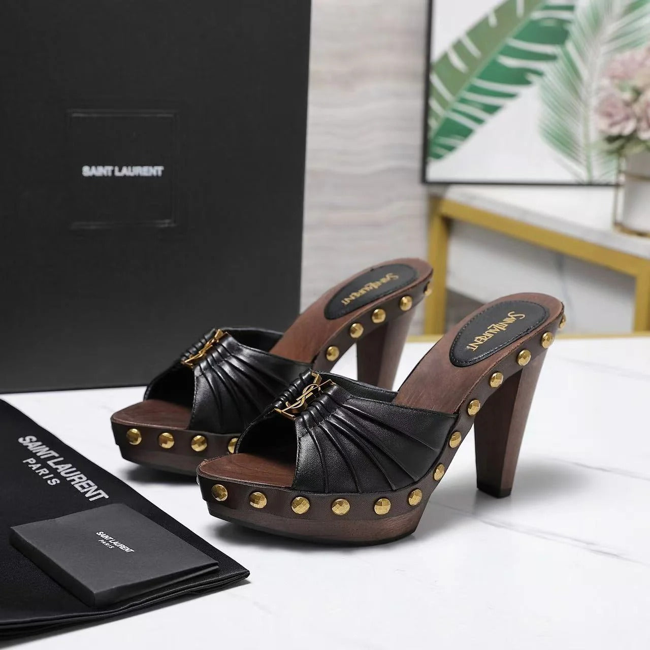 YSL 2026 Babylone Platform Sandal Brown Black Smooth Leather