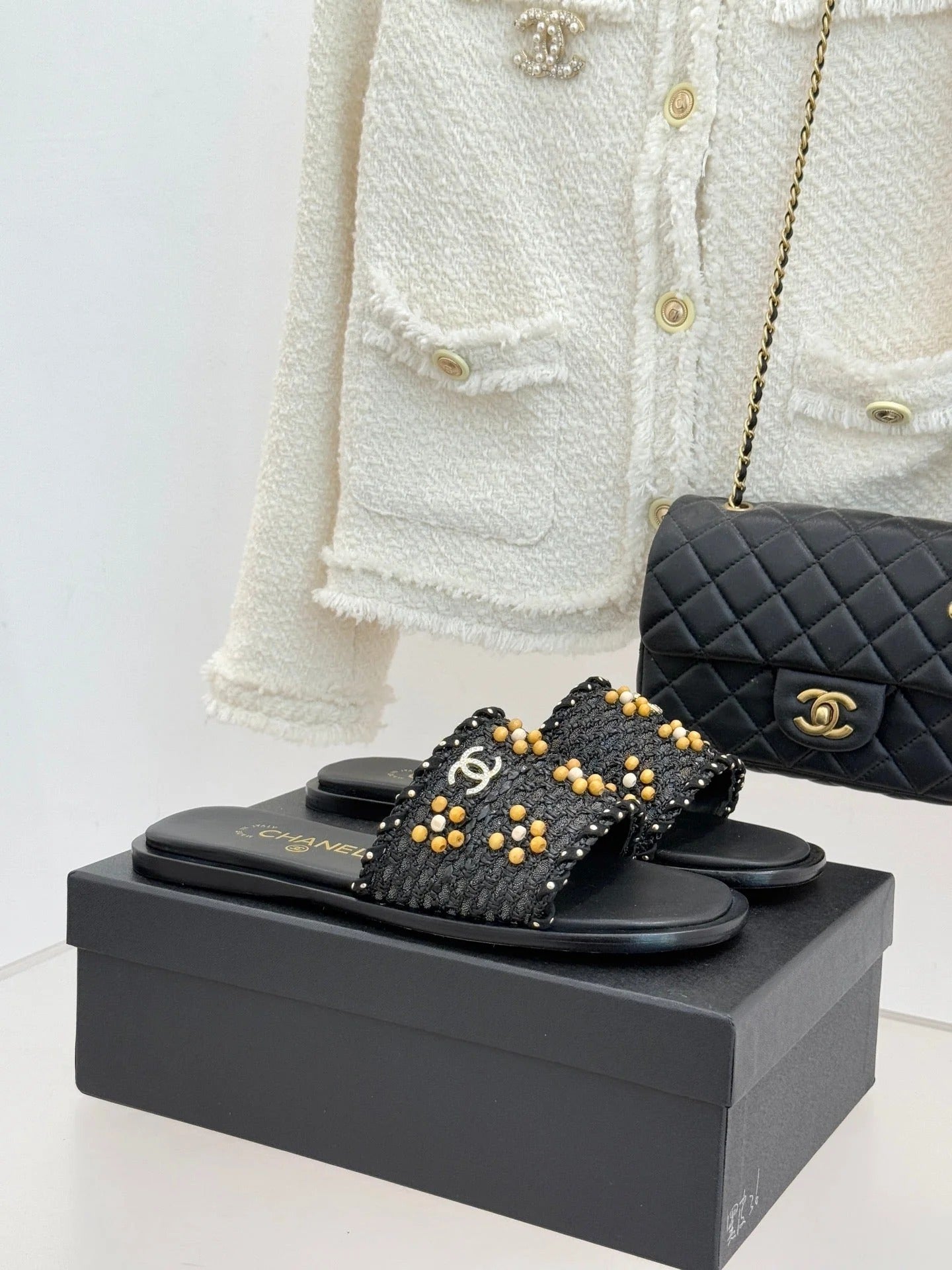 CC 2026 Flat Sandals Tweed Woven Sheepskin