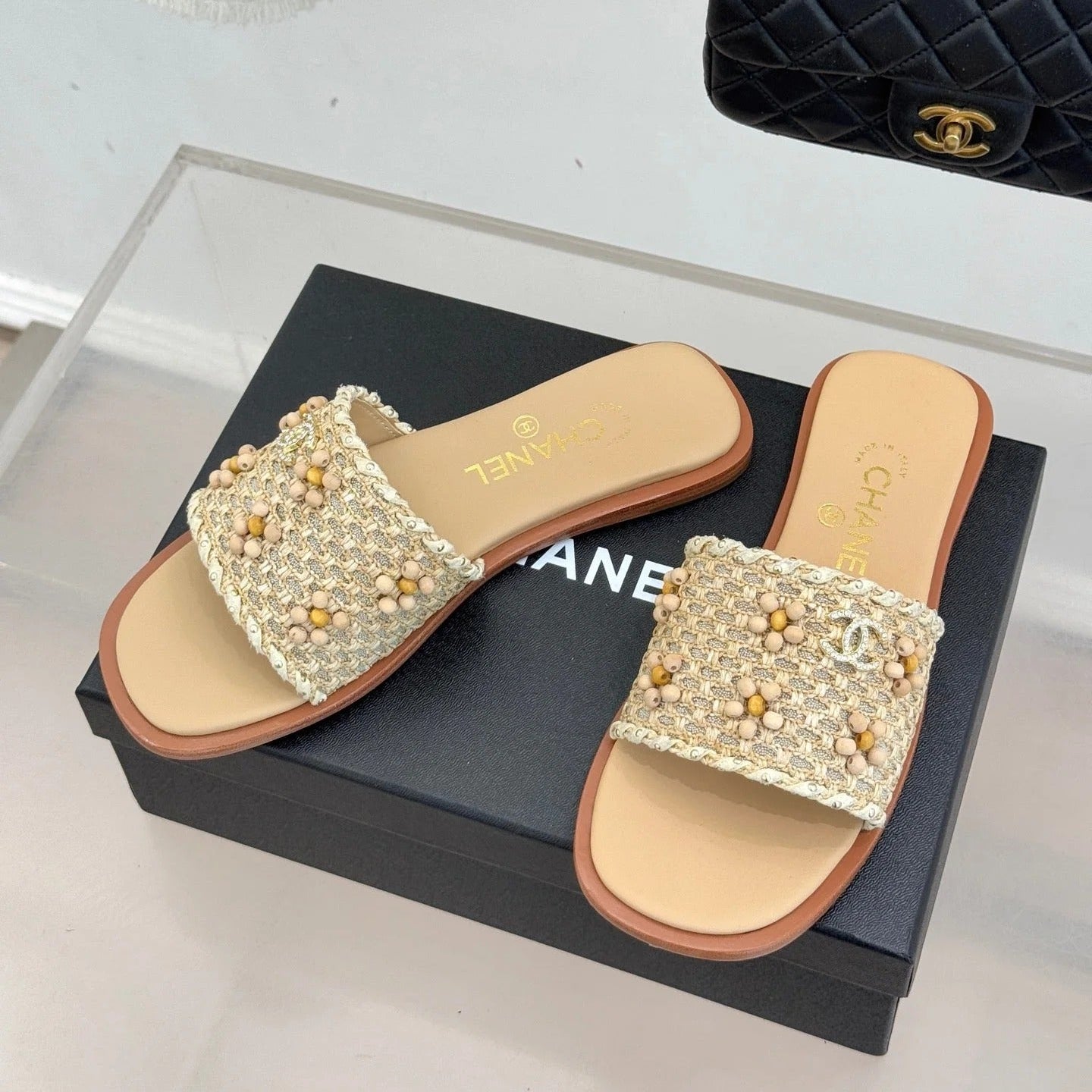 CC 2026 Flat Sandals Tweed Woven Sheepskin
