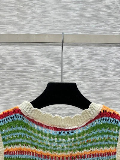 Chanel 2026 Color Block Striped Hollow-Out Crew Neck Knitted Vest 341401