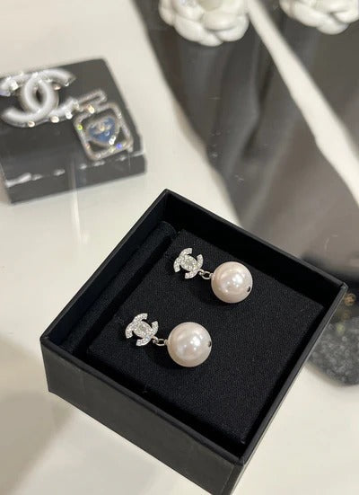 Chanel 2026 Full Diamond Double C Pearl Pendant Earrings