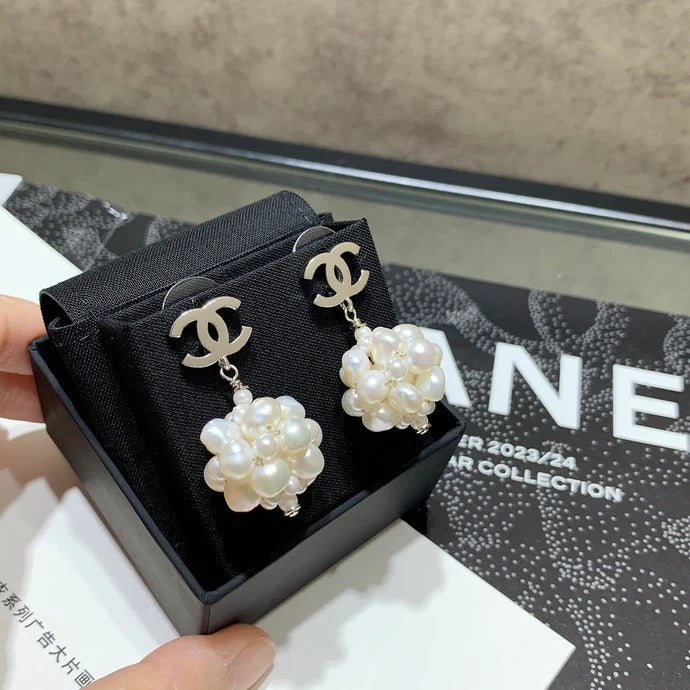 Chanel 2026 Silver Double C Pearl Flower Earrings