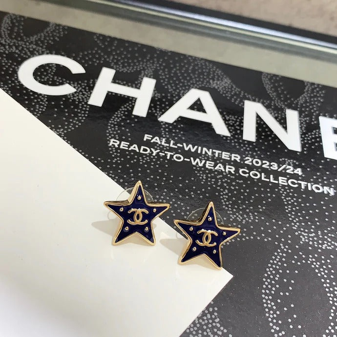 Chanel 2026 Gold Double C Blue Enamel Five-Pointed Star Earrings