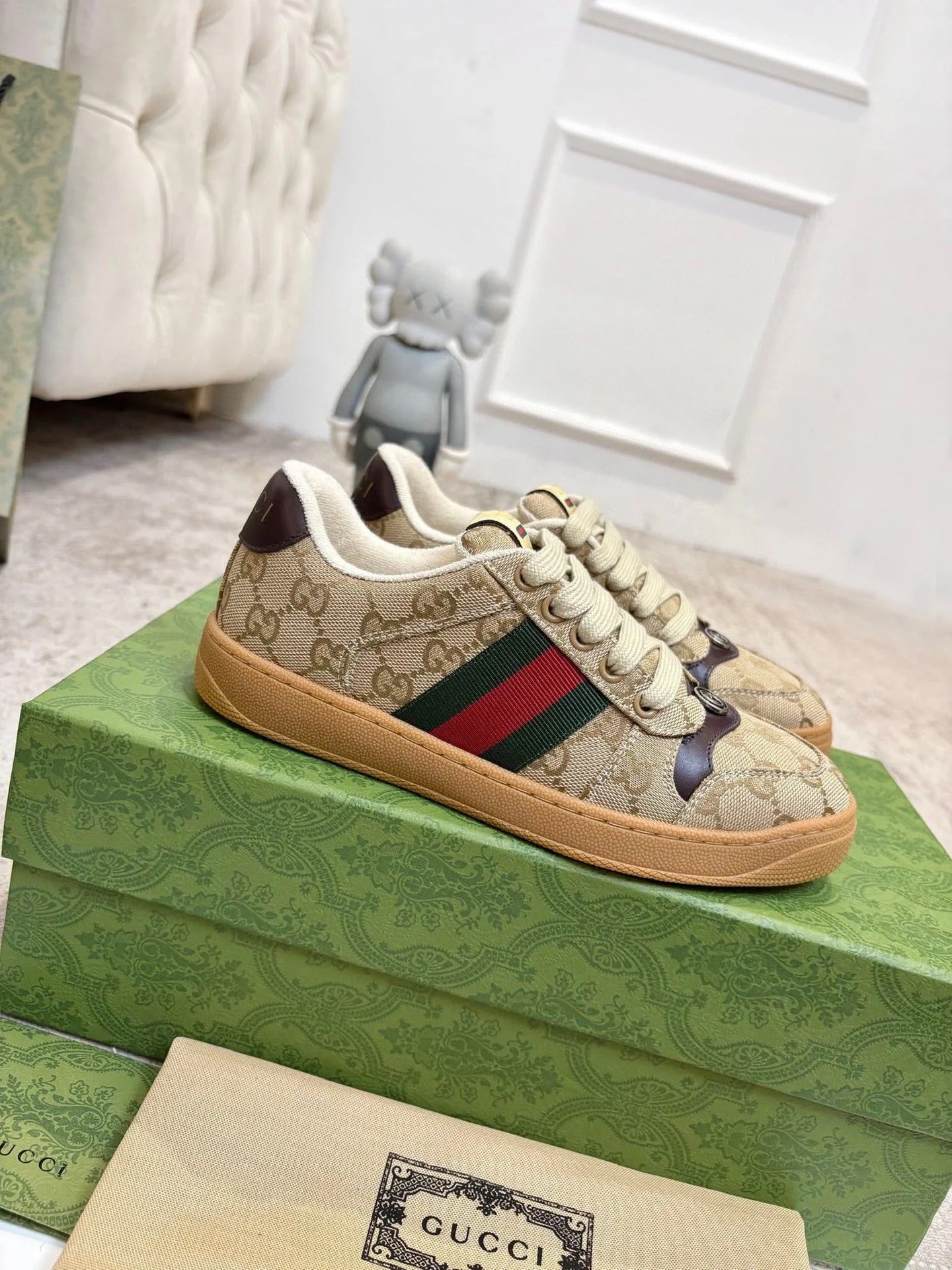 GG 26ss Screener Sneaker Beige Brown Canvas Cowhide 697183