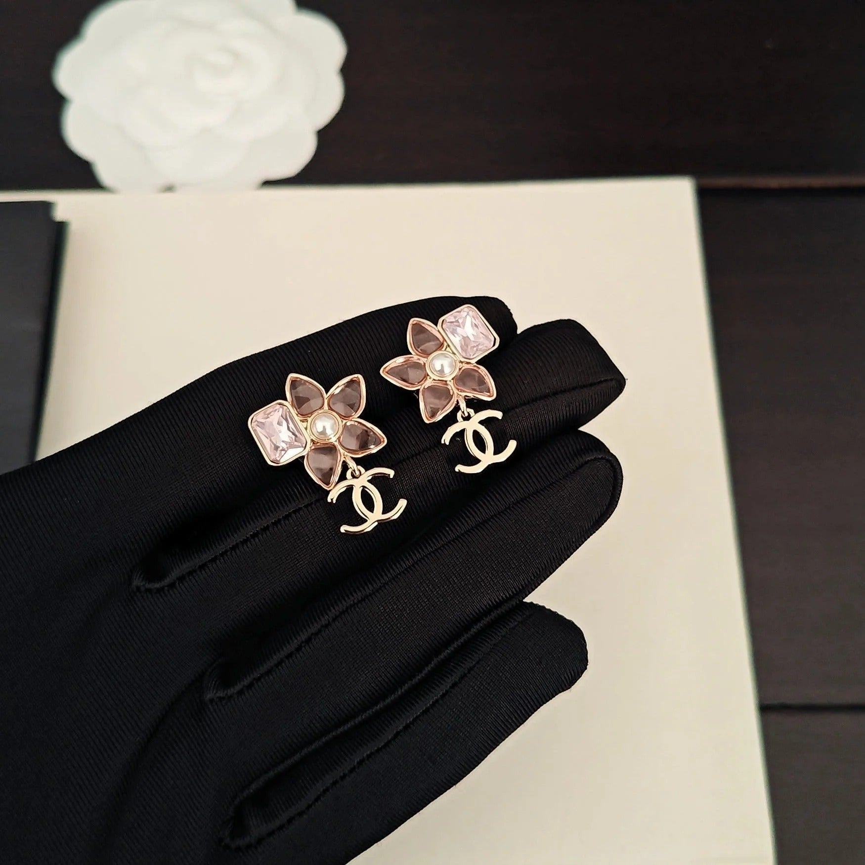 CC Double C Pink Flower Light Gold Earrings