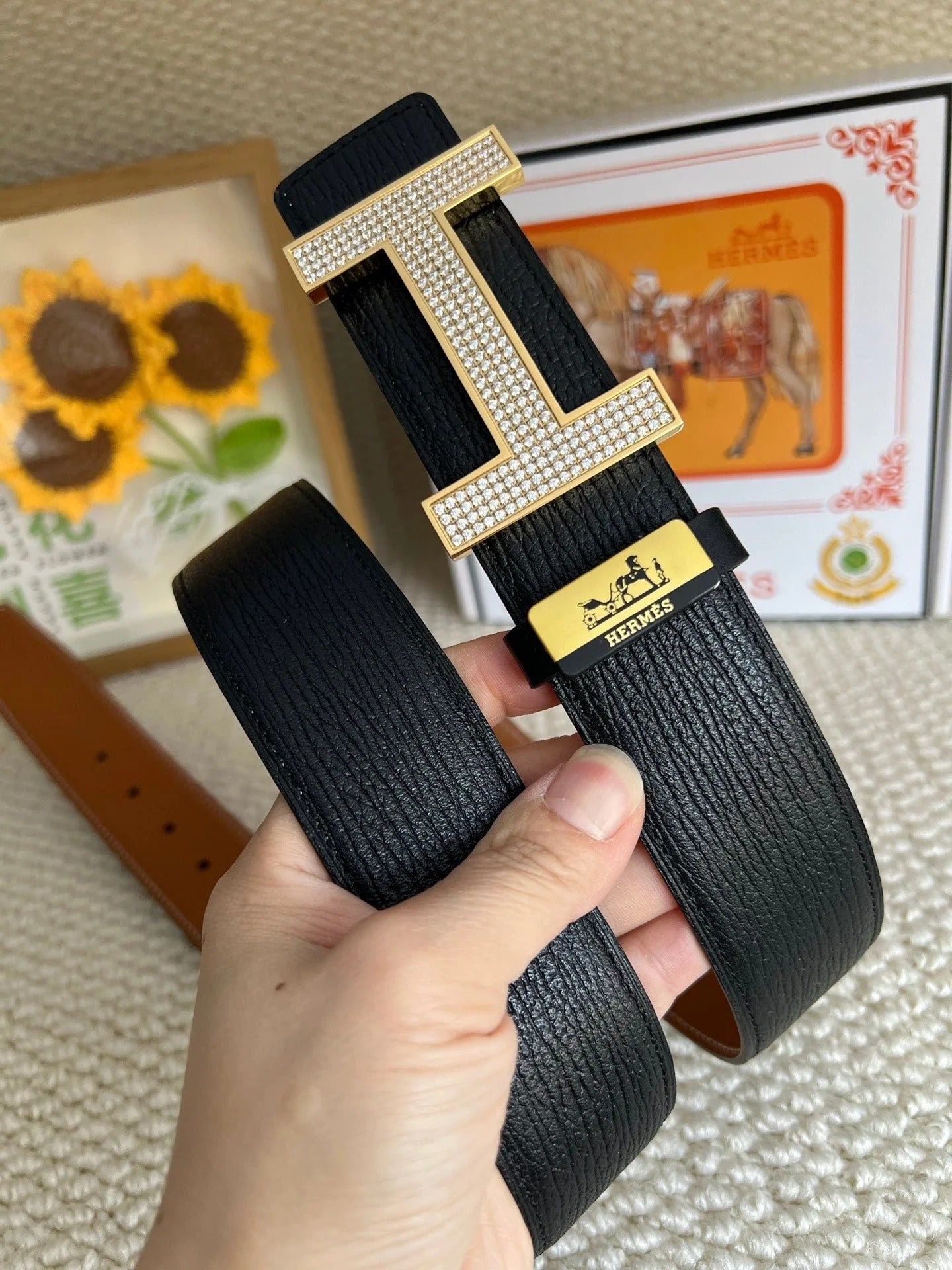 HM Belt 38mm Black Brown Cowhide Gold Diamond Buckle 618968