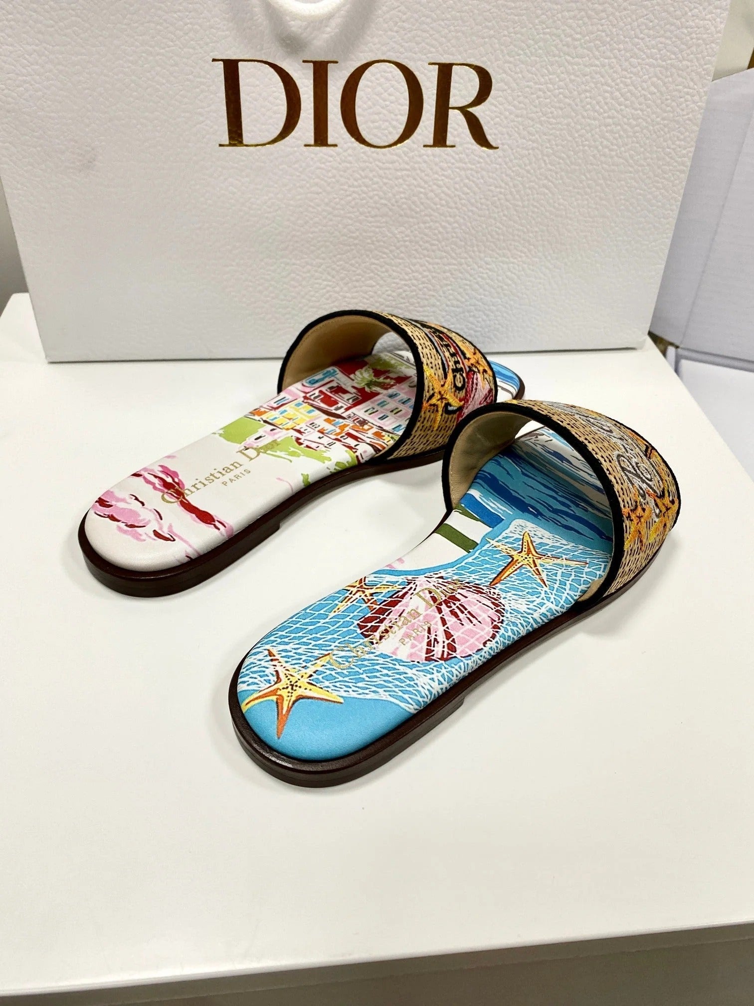 CD 26s Embroidered Sandals Blue Beige Multicolor Canvas Leather 683007