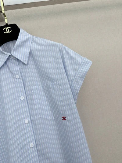 Chanel 2026 Striped Short-sleeved Shirt Blue Cotton 375209