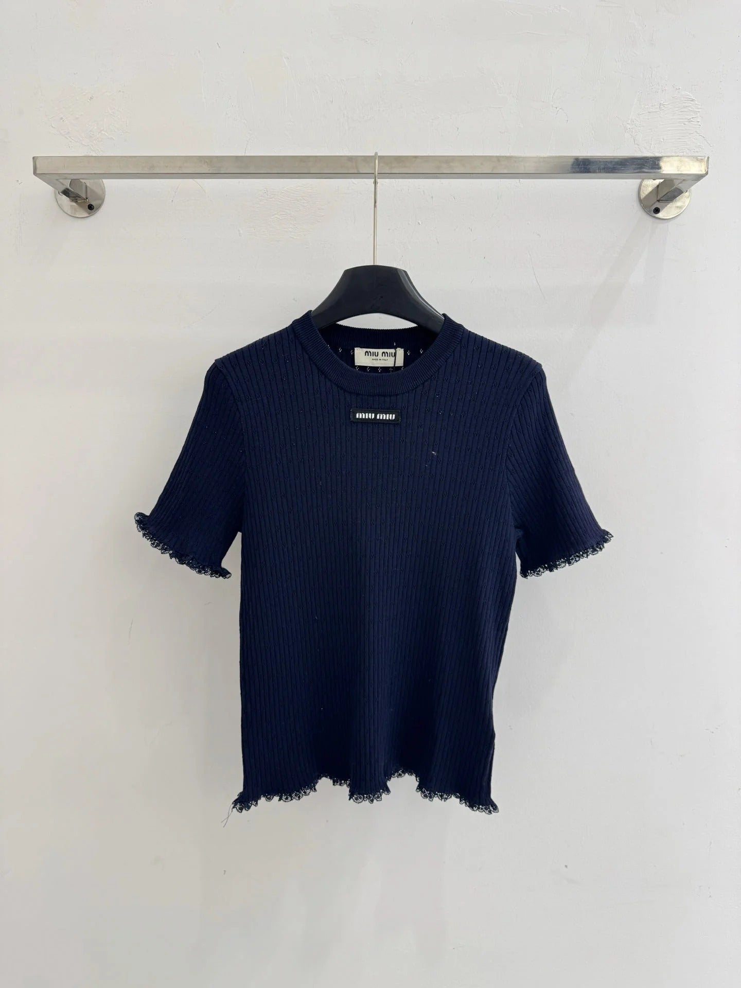 Miumiu 2026 Lace-trimmed Knit Short-sleeved Top Tencel Wool 179453