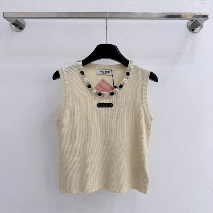 Miumiu 2026 Crew Neck Beaded Knit Vest Tencel Wool 375082
