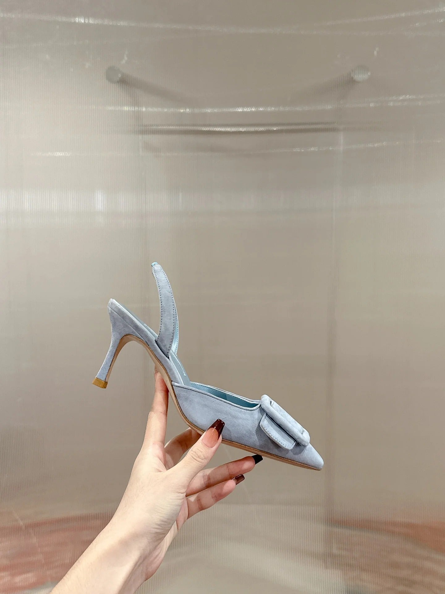 Manolo Blahnik High-Heeled Sandal 70mm Light Blue Suede Leather 598557