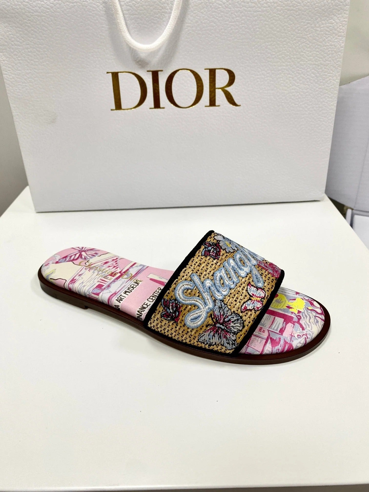 CD 26s Embroidered Sandals Pink Beige Multicolor Canvas Leather 683005